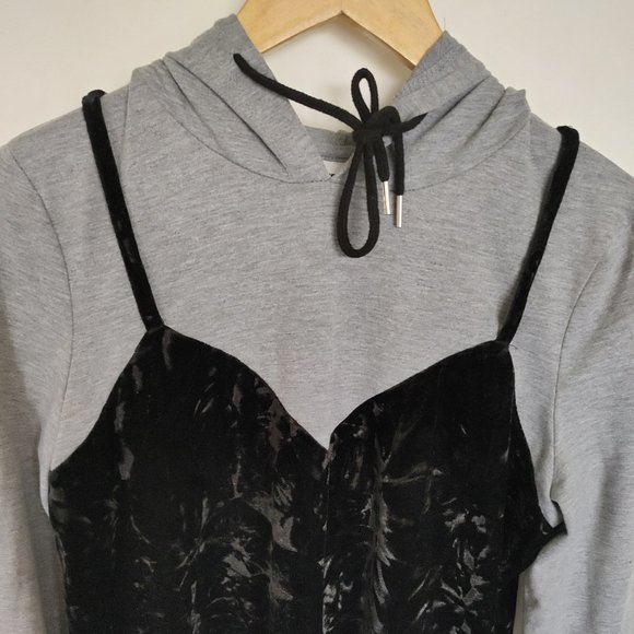 Noisy May Black spaghetti full sleeve velvet dress with grey hoodie attached in - Picture 4 of 13
